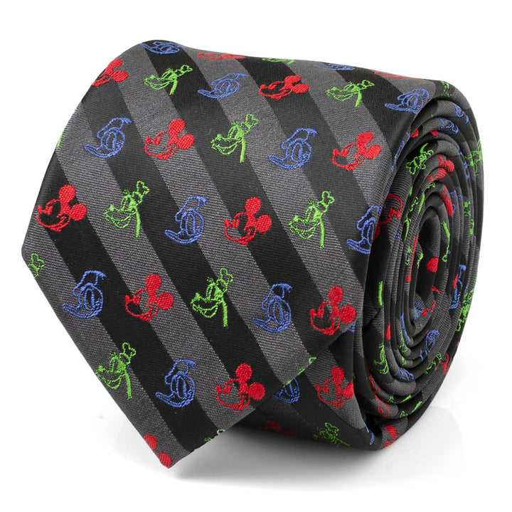 Disney Mickey and Friends Multi Black Stripe Men’s Tie in a rolled silk blend, featuring black and grey diagonal stripes with a repeating pattern of small red, green, and blue Mickey Mouse silhouettes.