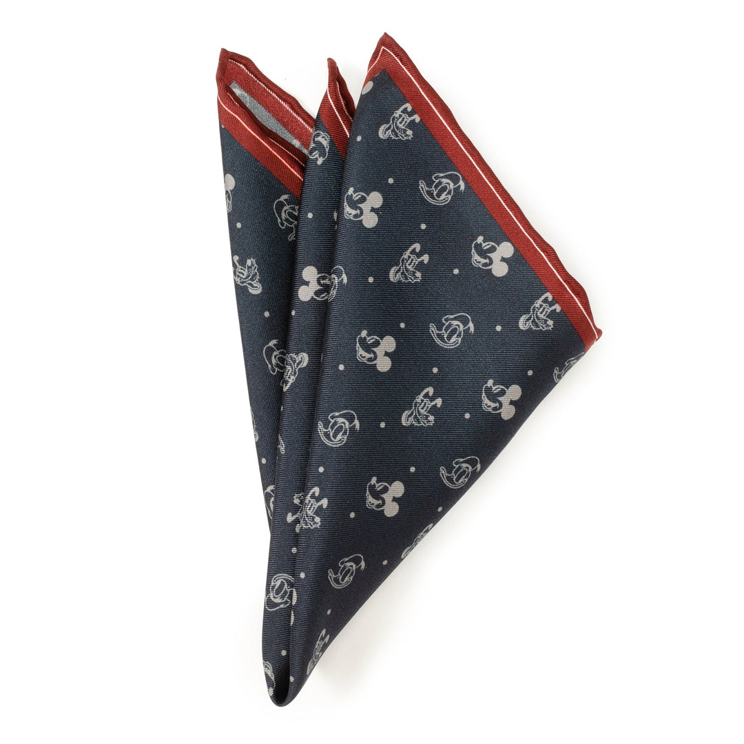 Folded navy blue Disney Mickey and Friends Pocket Square in silk with a repeating white Mickey Mouse icon pattern and a red border.