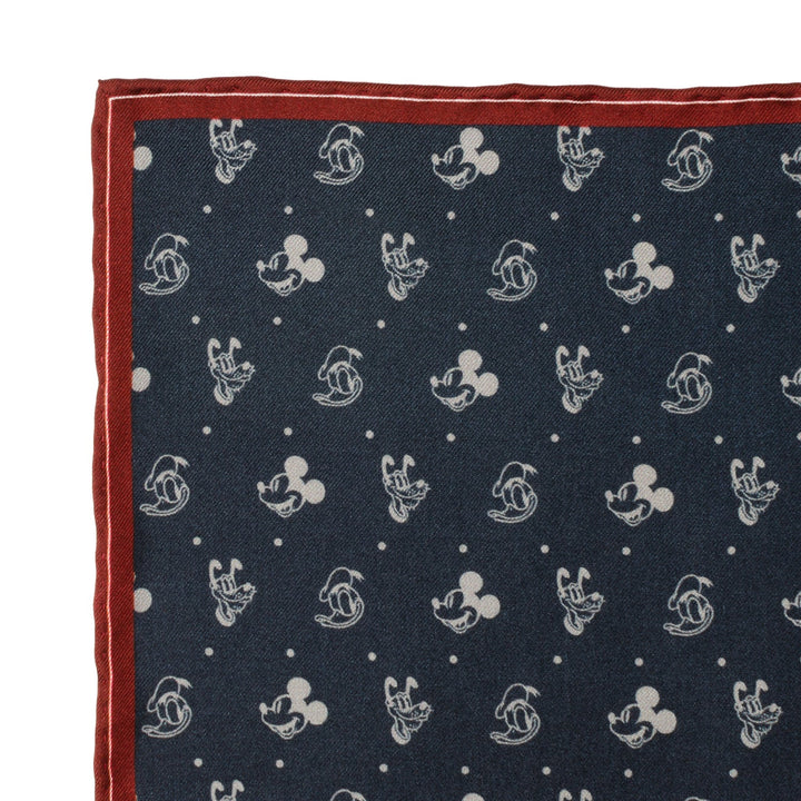 Disney Mickey and Friends Pocket Square in dark blue with a repeating white Mickey Mouse head and dot pattern, finished with a thin red edge.