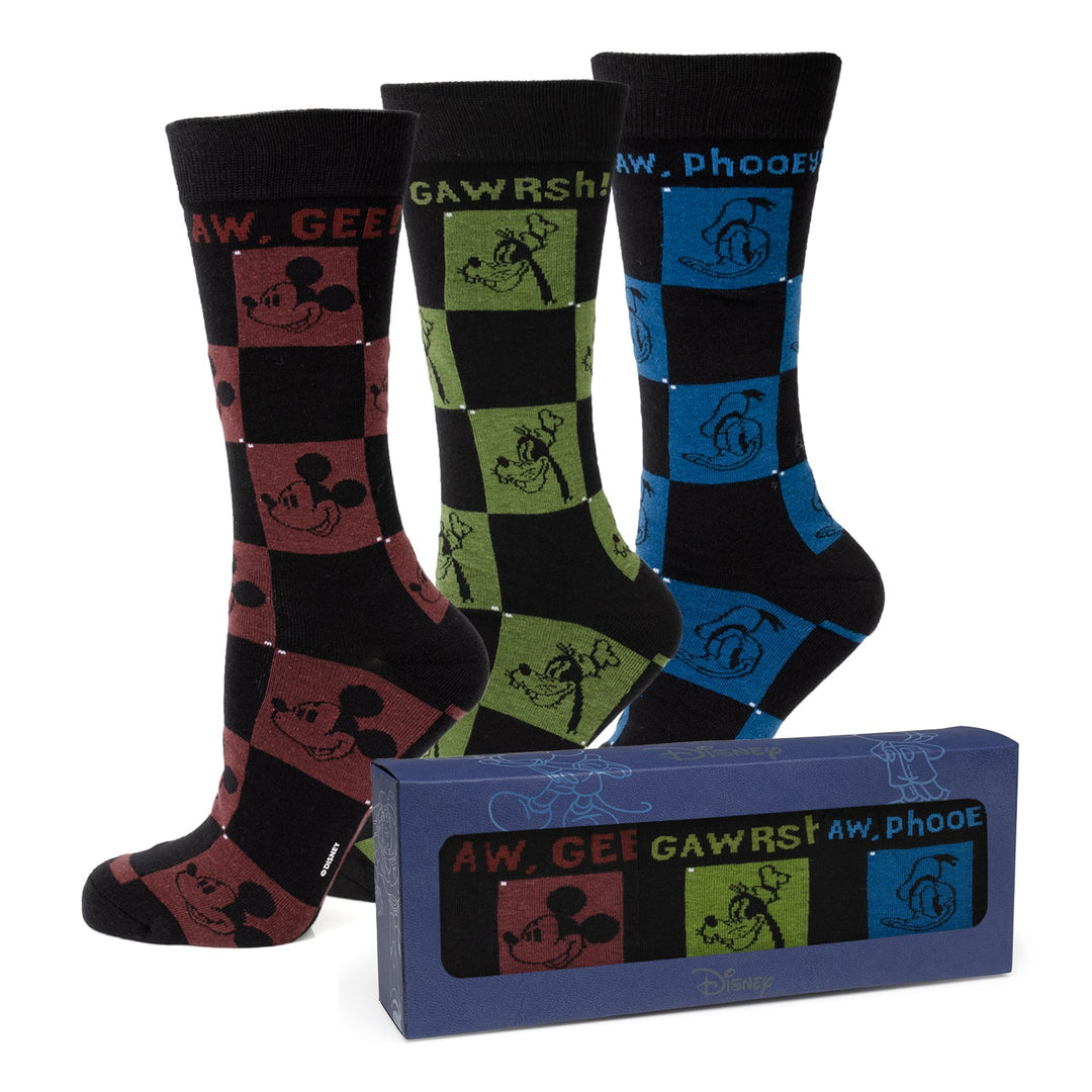 Disney Mickey and Friends Checkered Black Gift Set containing three pairs of checkered socks featuring Mickey Mouse, Goofy, and Donald Duck prints inside a matching rectangular box.
