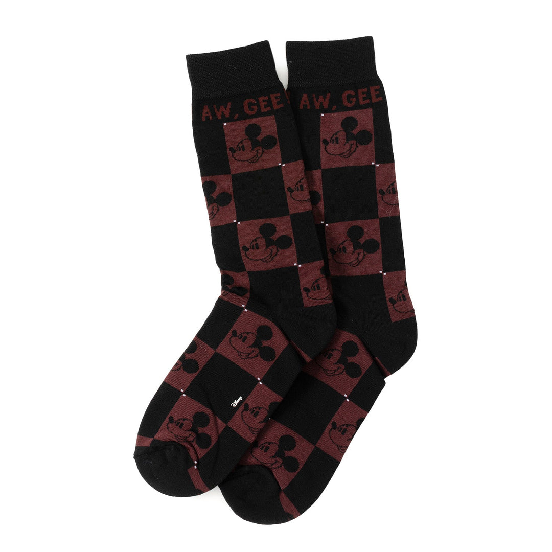 Disney Mickey and Friends Checkered Black Gift Set socks in black and maroon, featuring Mickey Mouse faces and the text “AW, GEE” at the cuffs.