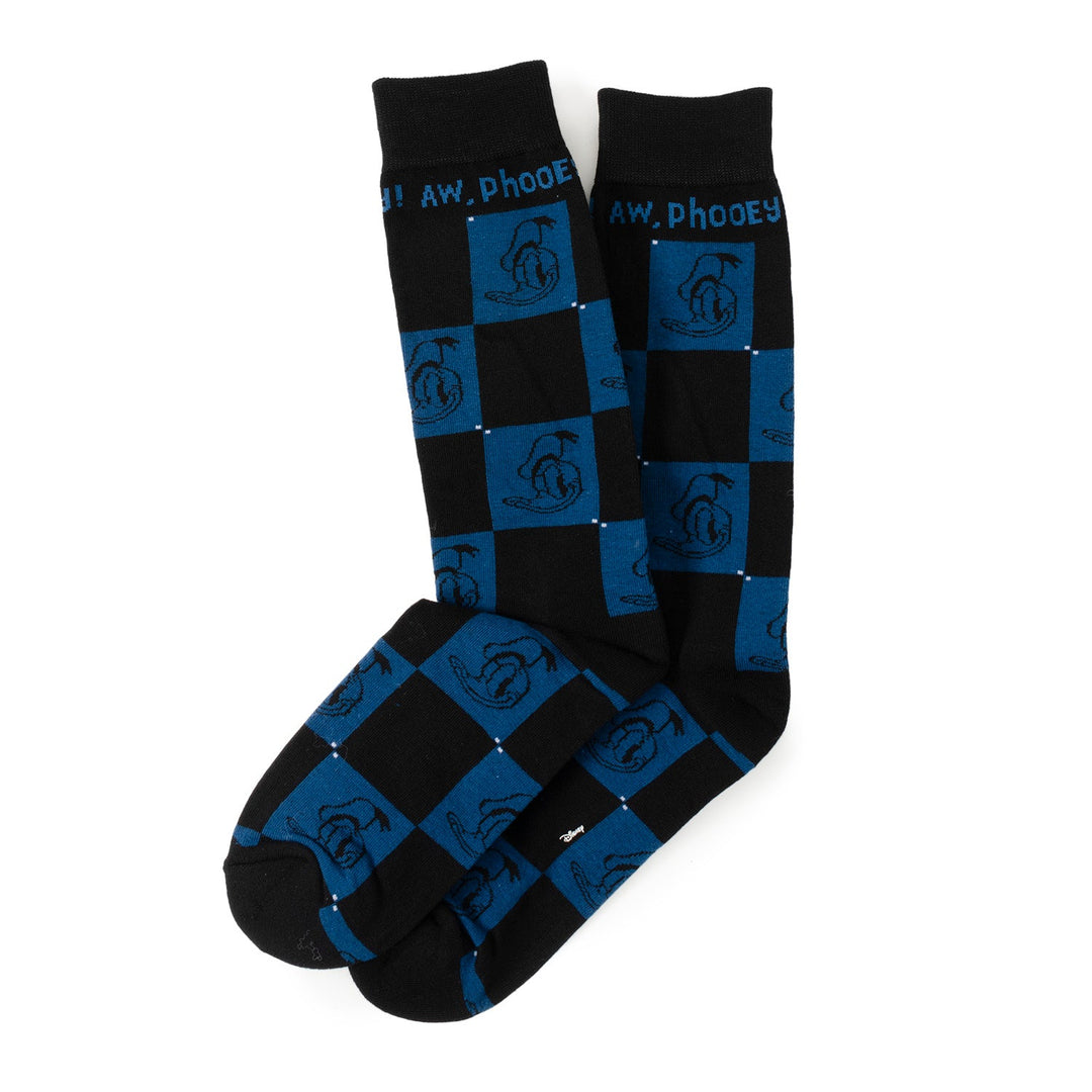 Black and blue checkered crew socks from the Disney Mickey and Friends Checkered Black Gift Set, featuring Donald Duck and the text “Aw, Phooey!”.