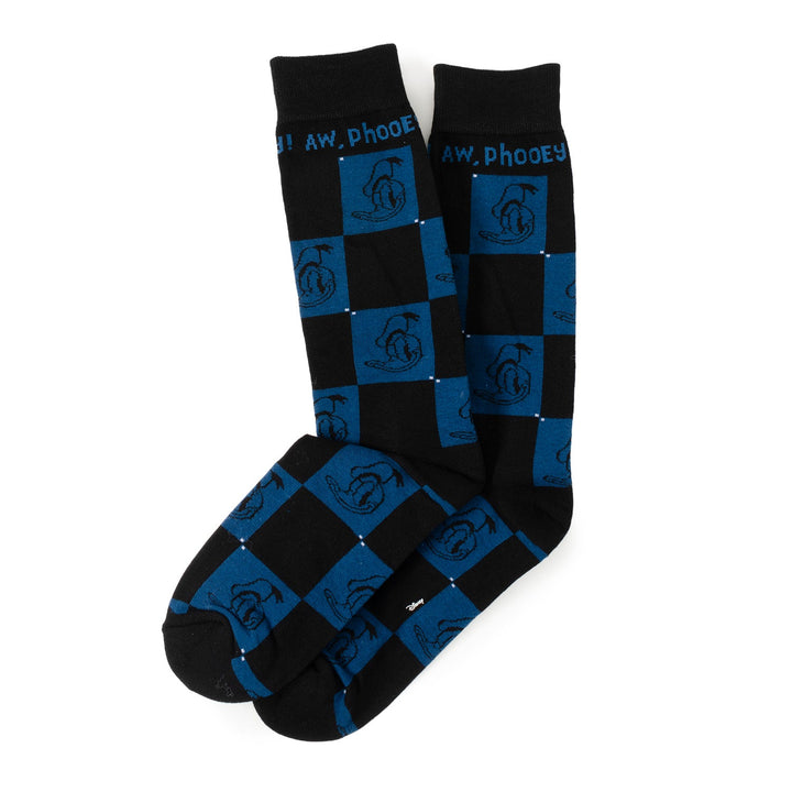 Black and blue checkered crew socks from the Disney Mickey and Friends Checkered Black Gift Set, featuring Donald Duck and the text “Aw, Phooey!”.