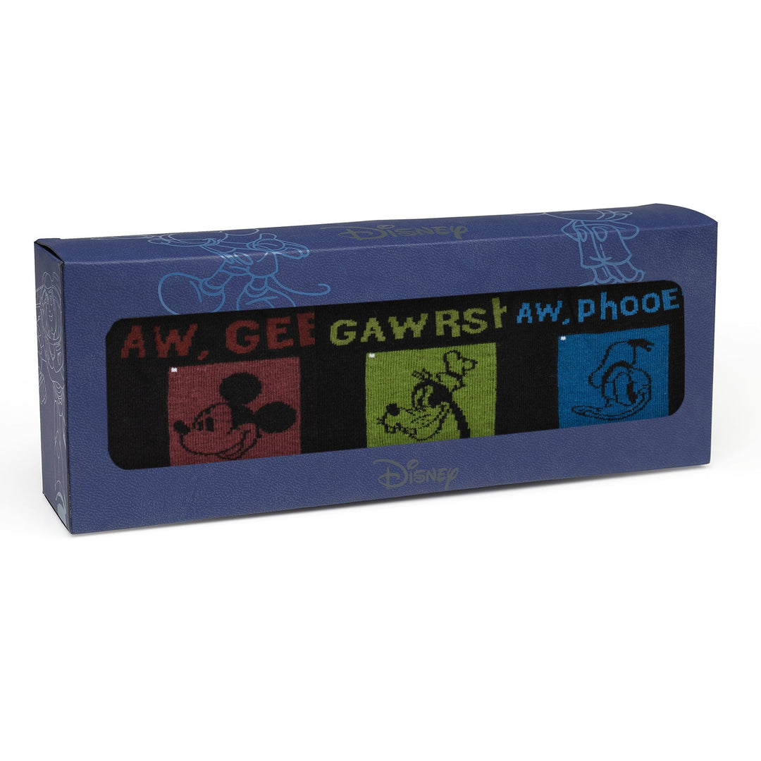 Disney Mickey and Friends Checkered Black Gift Set containing three pairs of checkered socks featuring Mickey Mouse, Goofy, and Donald Duck with their catchphrases: “Aw, Gee,” “Gawrsh,” and “Aw, Phooe.”