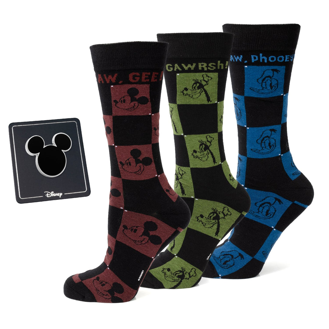 Disney Mickey and Friends Checkered Black Gift Set containing three pairs of checkered socks with character heads and a black square pin featuring a Mickey Mouse head icon.