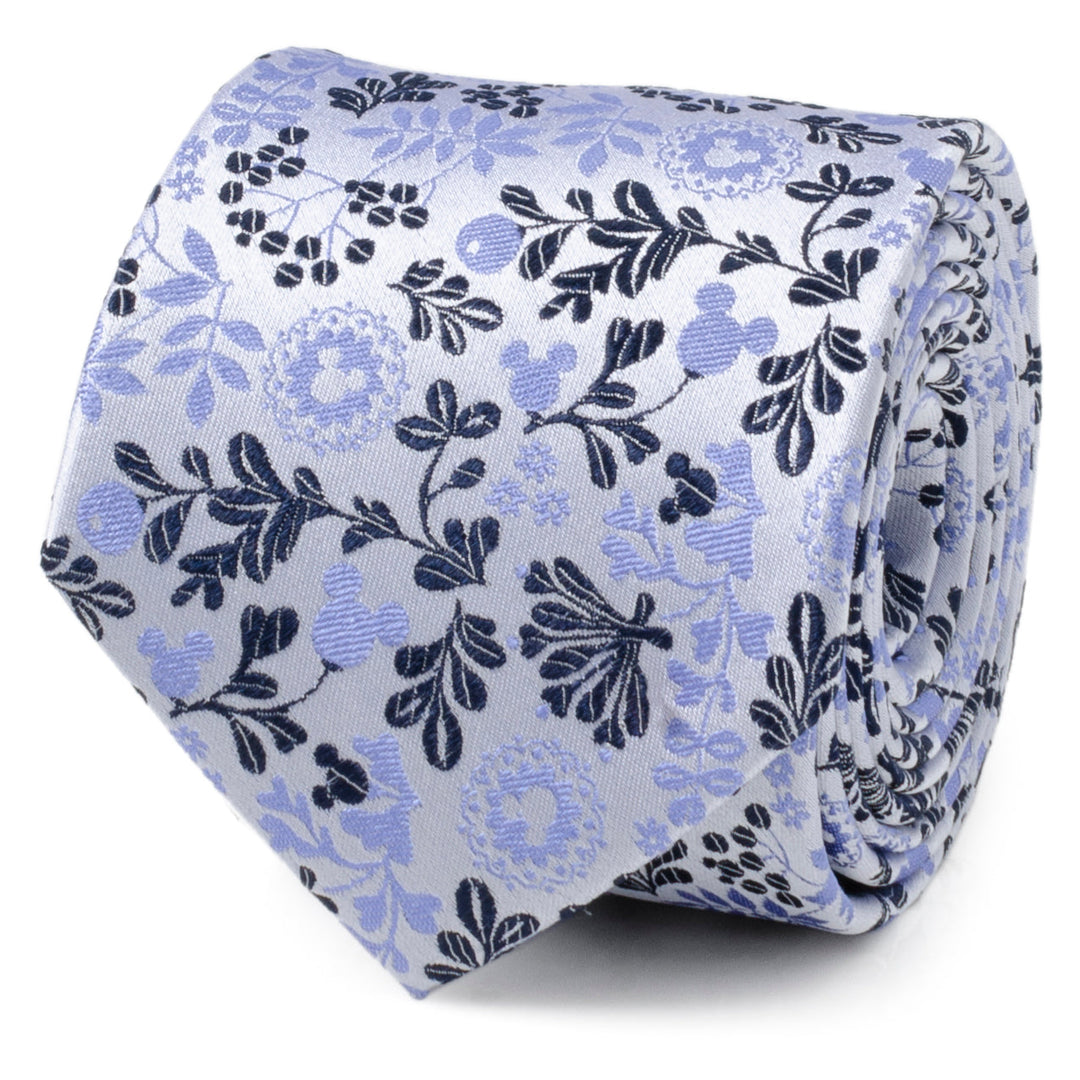 Rolled Disney Mickey Mouse Floral Silhouette Blue and White Tie with a blue Mickey silhouette and white floral pattern.