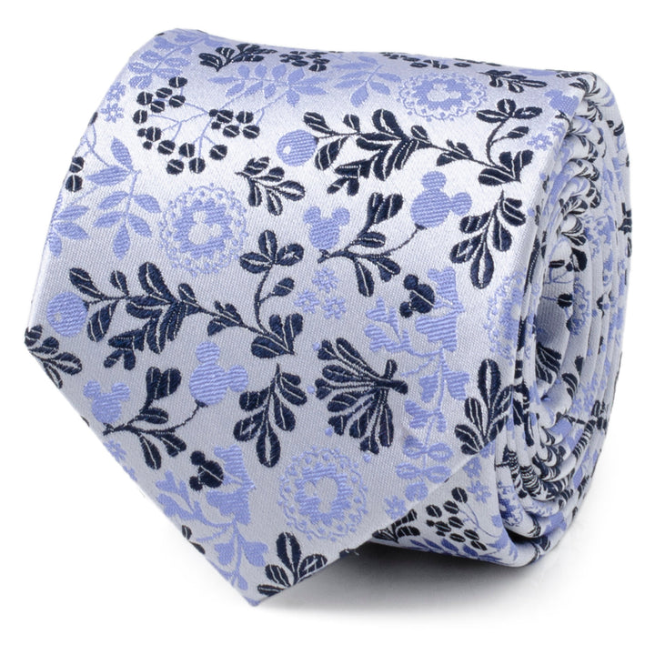 Rolled Disney Mickey Mouse Floral Silhouette Blue and White Tie with a blue Mickey silhouette and white floral pattern.