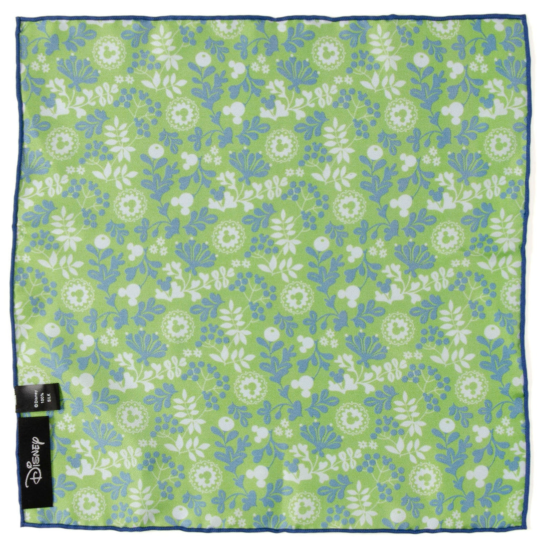 Disney Mickey Mouse Floral Green Pocket Square featuring a green, white, and blue floral pattern with hidden Mickey Mouse head silhouettes.