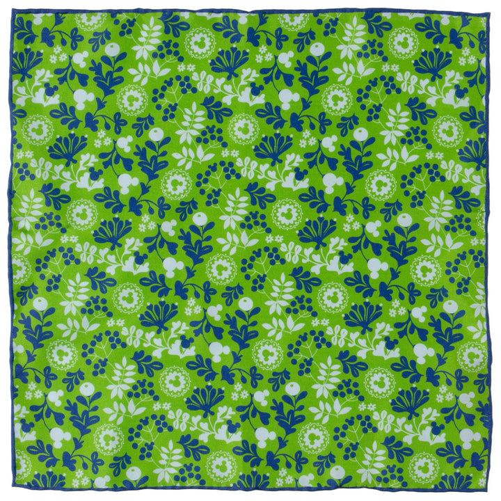 Disney Mickey Mouse Floral Green Pocket Square with a green background and a blue and white floral pattern incorporating hidden Mickey Mouse silhouettes.