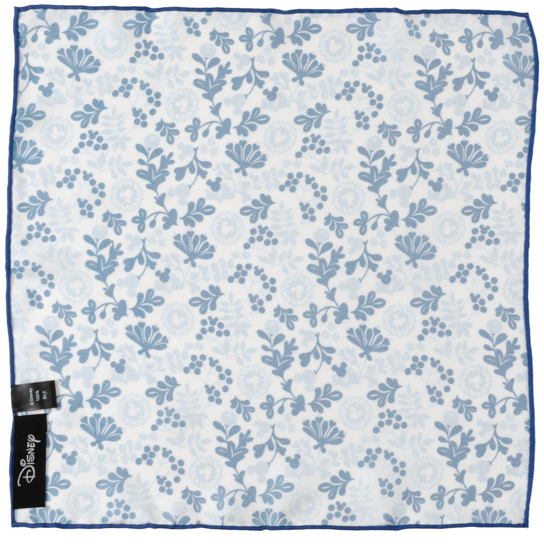 Disney Mickey Mouse Floral White Pocket Square in white silk with a blue floral pattern, hidden Mickey Mouse silhouettes, and a thin blue border.