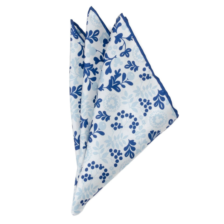 Disney Mickey Mouse Floral White Pocket Square in white silk with a blue floral pattern featuring subtle Mickey Mouse silhouettes.