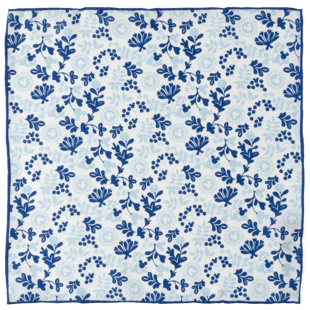 Disney Mickey Mouse Floral White Pocket Square featuring a blue floral pattern with hidden Mickey Mouse silhouettes.
