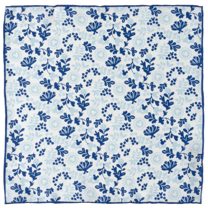 Disney Mickey Mouse Floral White Pocket Square featuring a blue floral pattern with hidden Mickey Mouse silhouettes.
