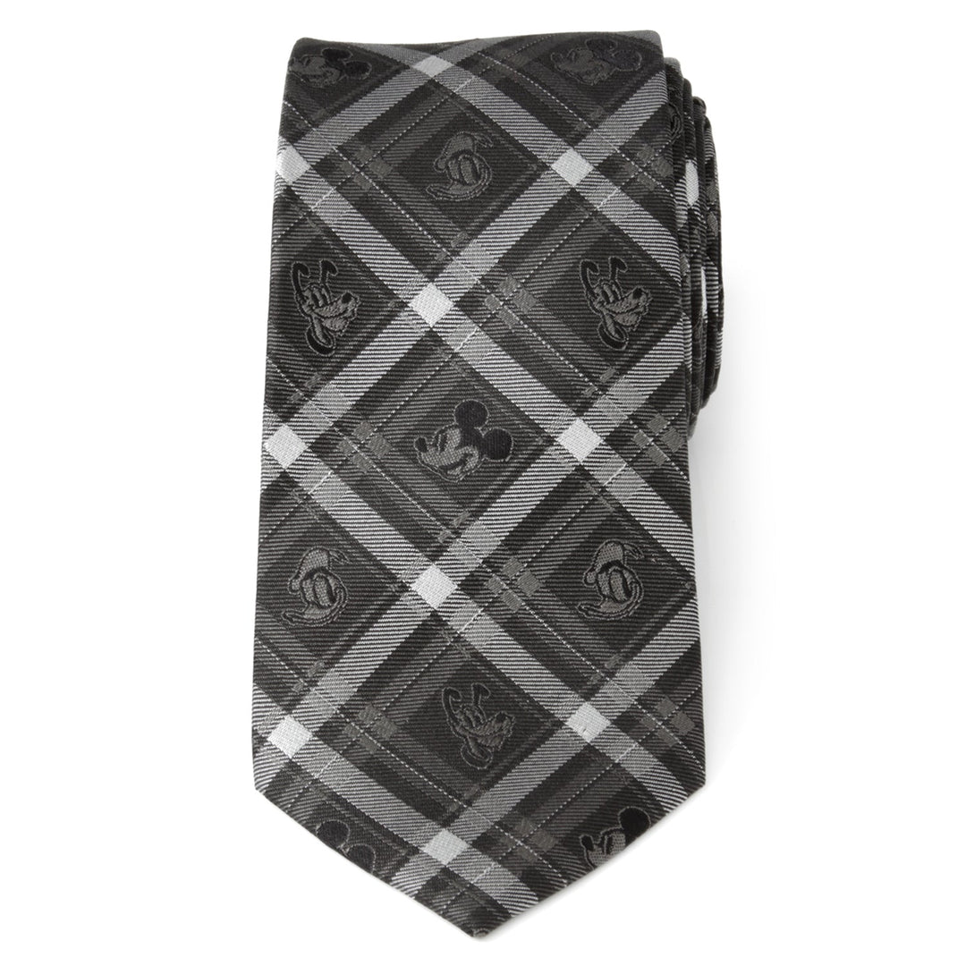 Disney Mickey and Friends Charcoal Plaid Men’s Tie in charcoal gray featuring an all-over pattern of small Mickey Mouse silhouettes.