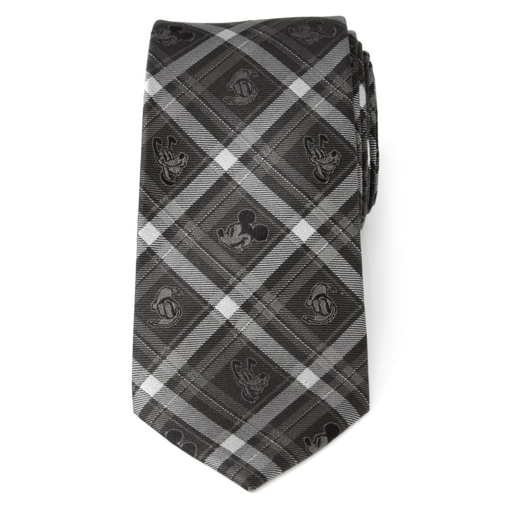 Disney Mickey and Friends Charcoal Plaid Men’s Tie in charcoal gray featuring an all-over pattern of small Mickey Mouse silhouettes.