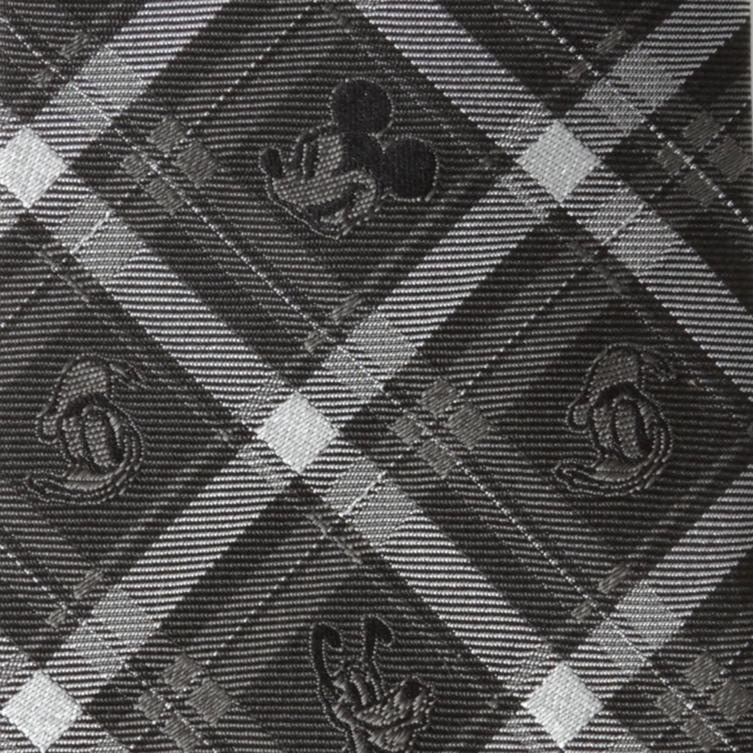 Disney Mickey and Friends Charcoal Plaid Men’s Tie in charcoal grey and black plaid, featuring a repeating pattern of Mickey Mouse silhouettes.