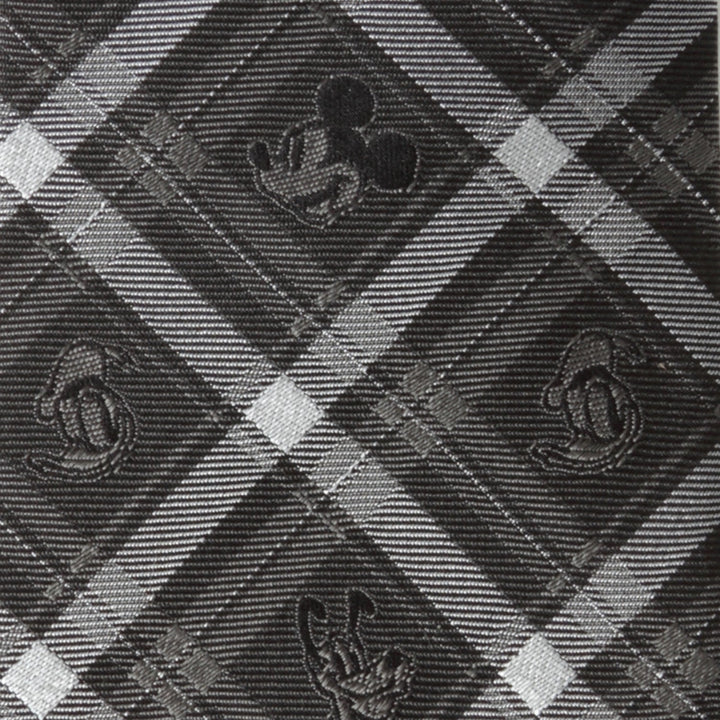 Disney Mickey and Friends Charcoal Plaid Men’s Tie in charcoal grey and black plaid, featuring a repeating pattern of Mickey Mouse silhouettes.