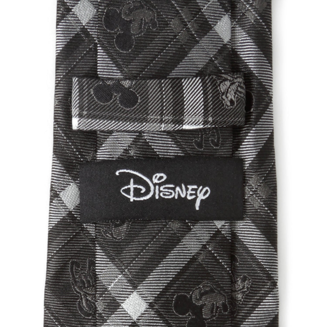Disney Mickey and Friends Charcoal Plaid Men’s Tie in gray and black, featuring a repeating Mickey Mouse silhouette pattern and an officially licensed Disney brand tag.