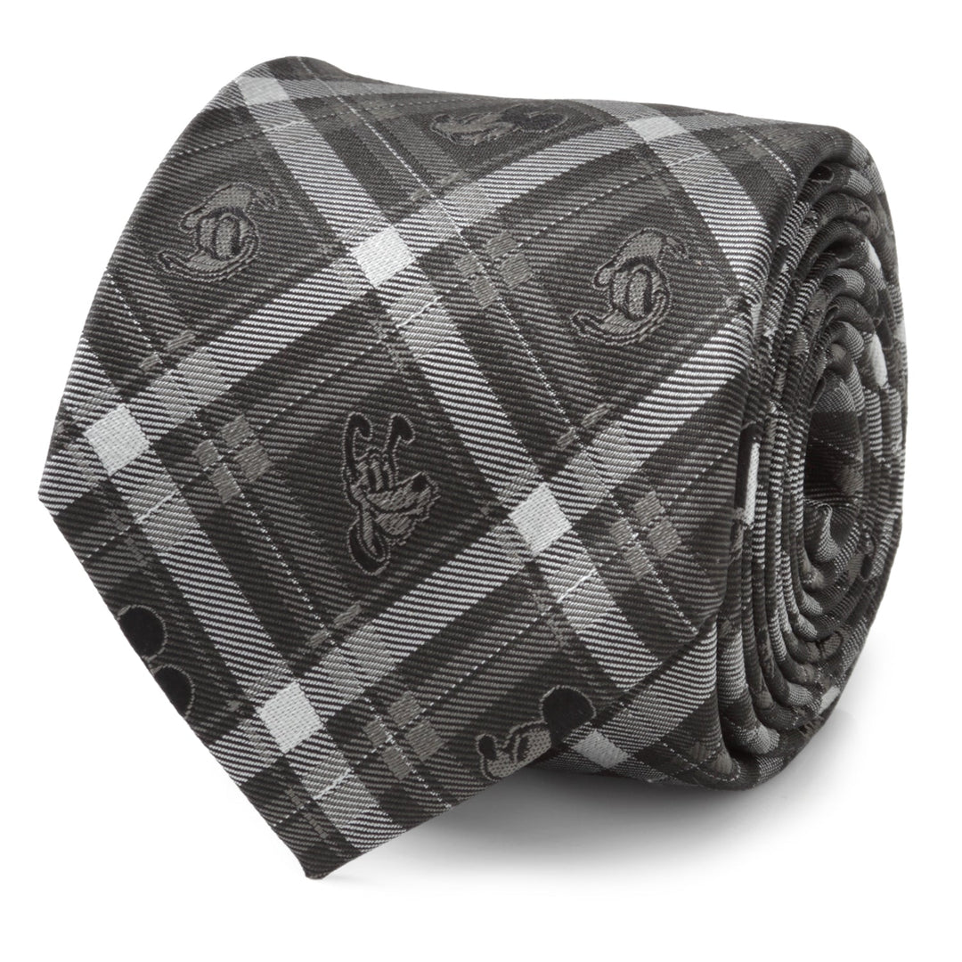 A Disney Mickey and Friends Charcoal Plaid Men’s Tie in charcoal gray and white with a small Mickey Mouse pattern.