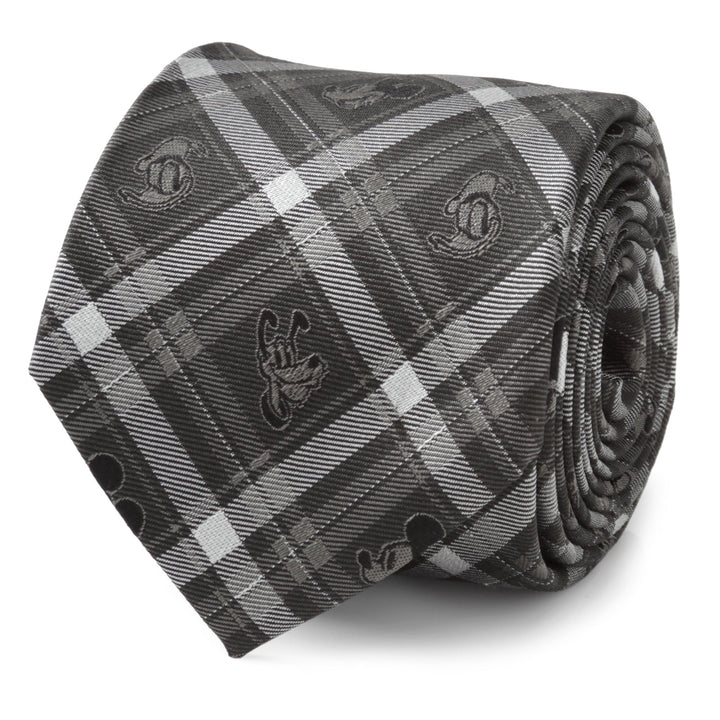 A Disney Mickey and Friends Charcoal Plaid Men’s Tie in charcoal gray and white with a small Mickey Mouse pattern.