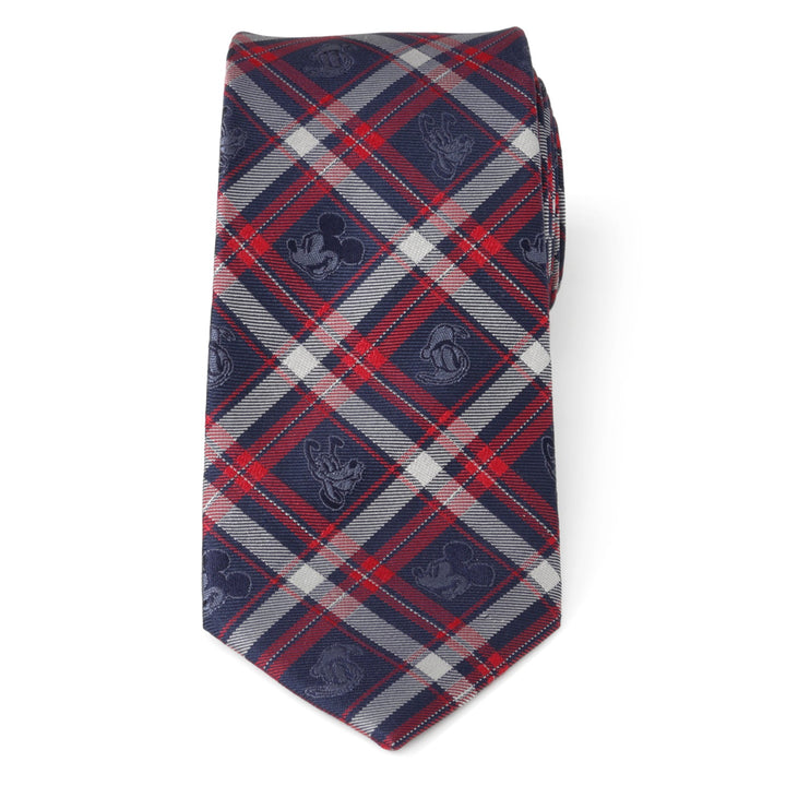 Disney Mickey and Friends Navy Plaid Men’s Tie in navy, red, and white plaid with a repeating pattern of Mickey Mouse silhouettes.