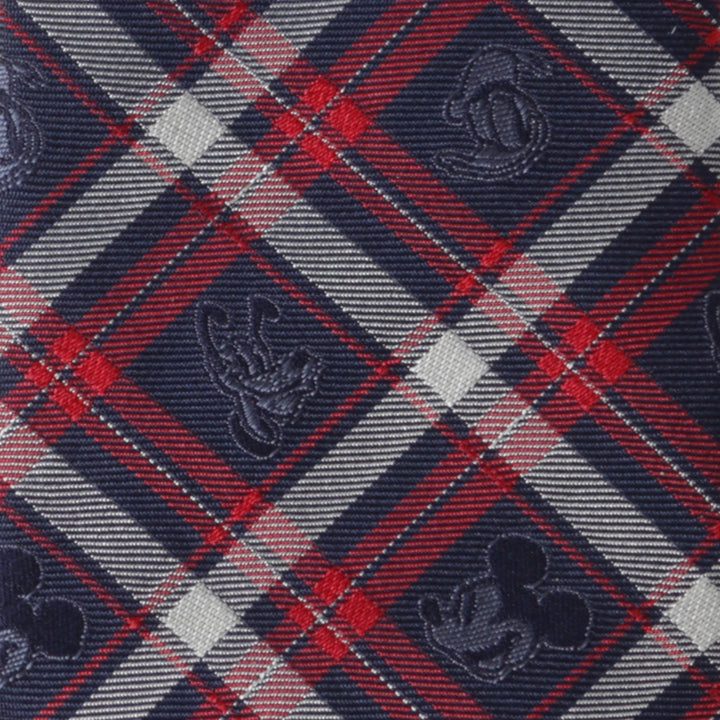 Disney Mickey and Friends Navy Plaid Men’s Tie in navy, red, and white plaid, patterned with small, embroidered Mickey Mouse silhouettes.
