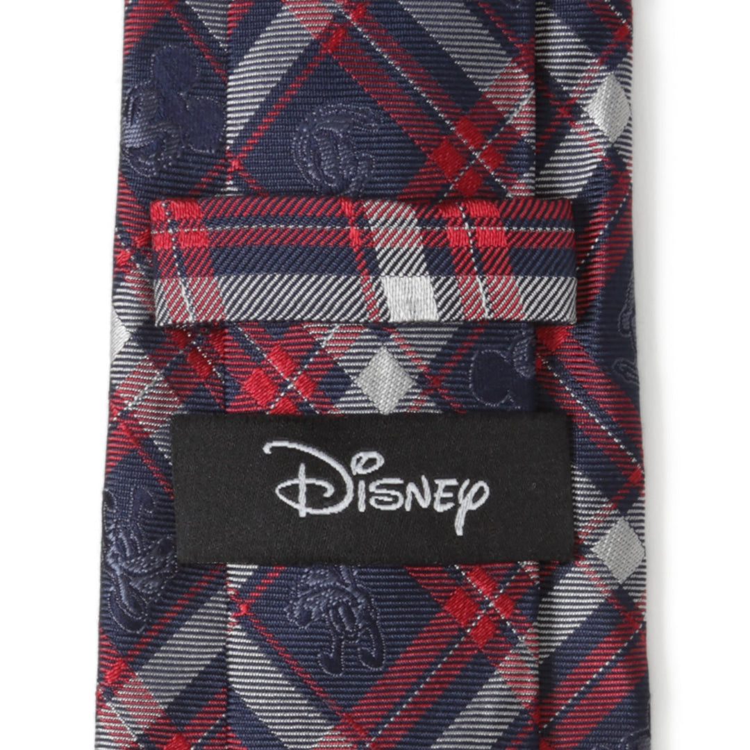 Disney Mickey and Friends Navy Plaid Men’s Tie in navy blue, red, and white, featuring a repeating Mickey Mouse head pattern and a black logo label on the back.