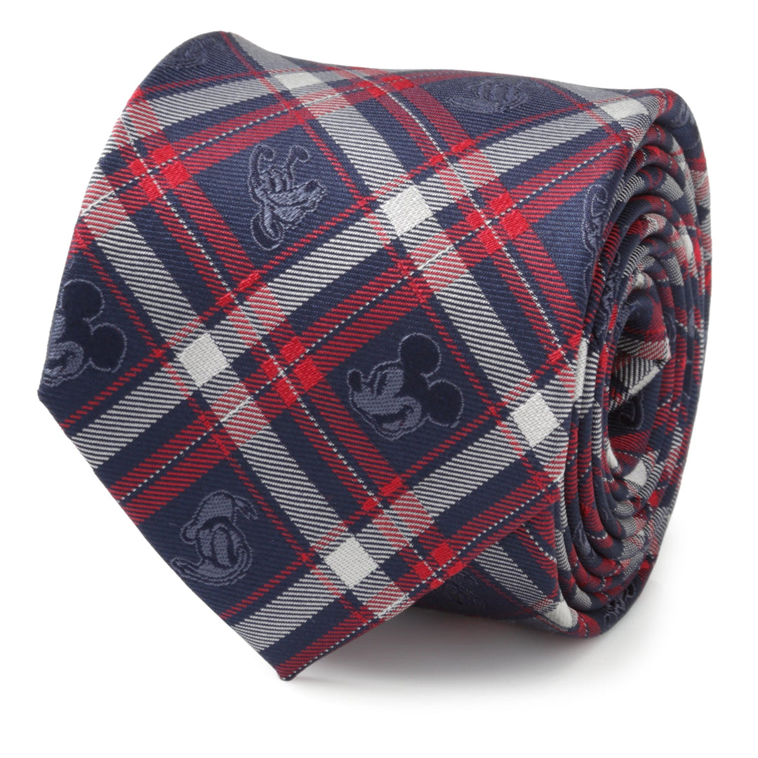 A rolled Disney Mickey and Friends Navy Plaid Men’s Tie in navy, red, and white, featuring a pattern of small, tone-on-tone Mickey Mouse head silhouettes.