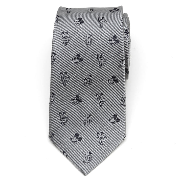 Disney Mickey and Friends Gray Men’s Tie in 100% silk with a repeating pattern of black Mickey Mouse and Donald Duck character icons.