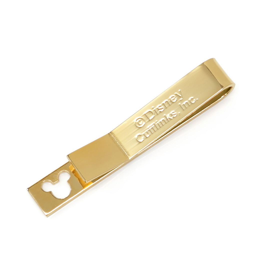 Disney Mickey Mouse Cutout Gold Tie Bar in gold-toned metal with a Mickey Mouse silhouette cutout at the end and engraved text reading “Disney Cufflinks, Inc.”