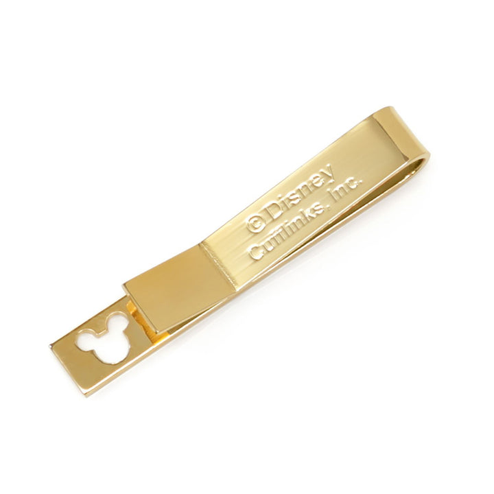 Disney Mickey Mouse Cutout Gold Tie Bar in gold-toned metal with a Mickey Mouse silhouette cutout at the end and engraved text reading “Disney Cufflinks, Inc.”