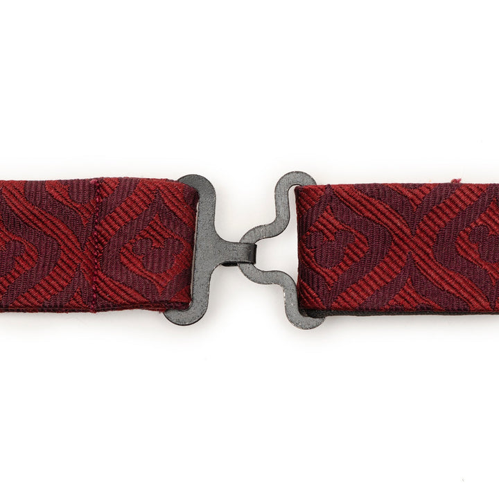 Disney Mickey Mouse Holiday Maroon Bow Tie in silk with a repeating Mickey Mouse silhouette pattern and a dark metal hook-and-eye closure.