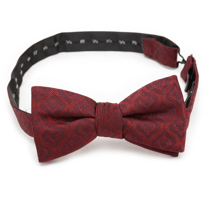 Disney Mickey Mouse Holiday Maroon Bow Tie featuring a repeating geometric silhouette pattern, perfect as a holiday formal accessory.