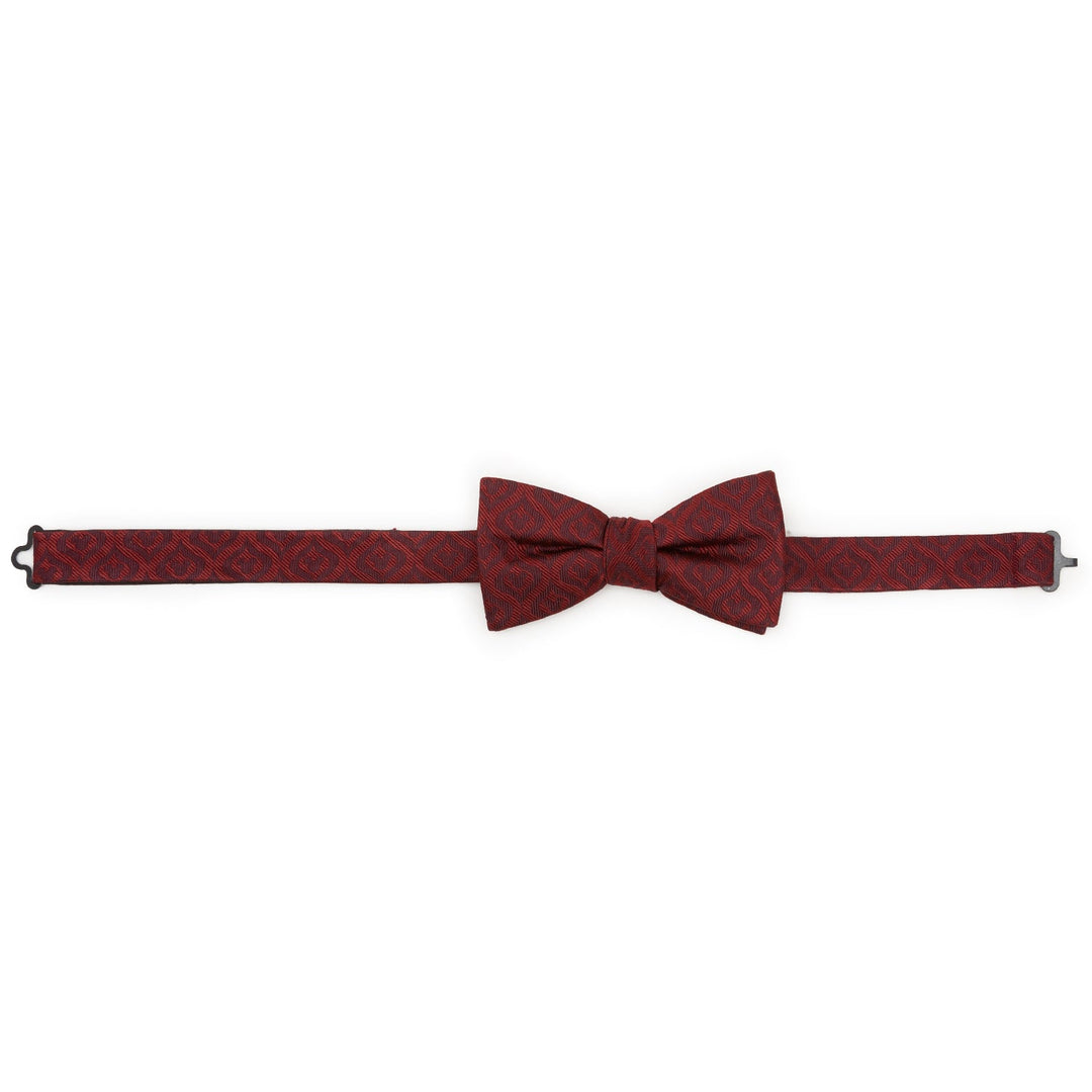 Disney Mickey Mouse Holiday Maroon Bow Tie in maroon silk with a subtle repeating icon pattern.
