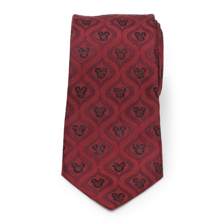 Disney Mickey Mouse Holiday Metallic Black Silk Men’s Tie in dark red featuring a repeating pattern of black Mickey Mouse icons inside arched frames.