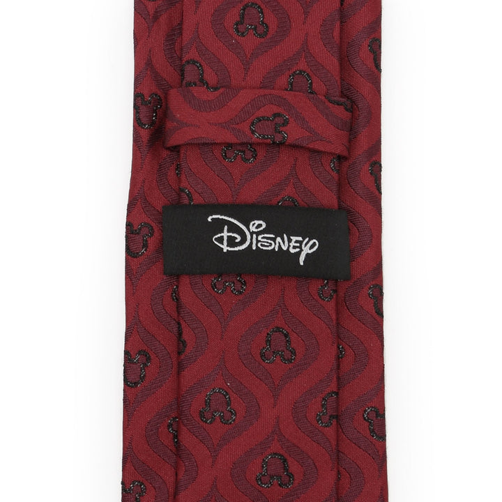 Red Disney Mickey Mouse Holiday Metallic Black Silk Men’s Tie featuring a repeating pattern of black glittery silhouettes and a black Disney logo label.