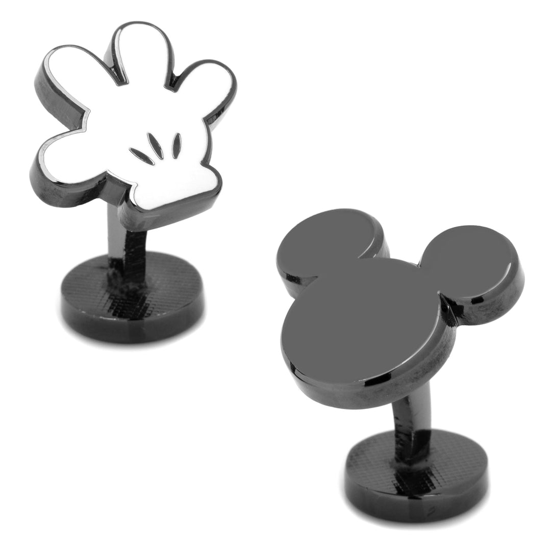 Disney Mickey Mouse Helping Hand Cufflinks featuring one black-plated cartoon glove and one mouse head silhouette.