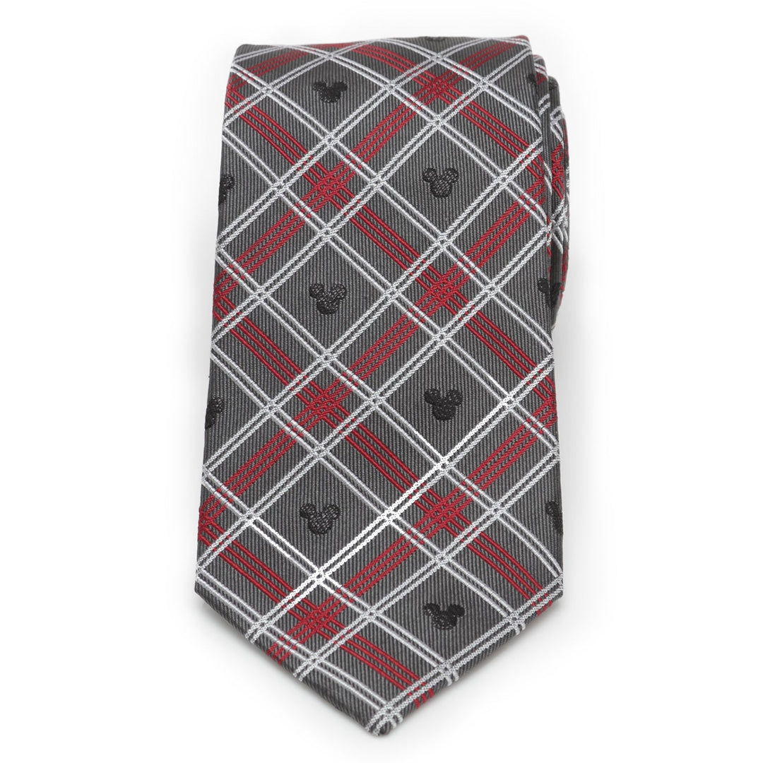 Disney Mickey Mouse Holiday Gray Plaid Silk Men’s Tie featuring a gray, red, and white plaid pattern with repeating Mickey Mouse icons.