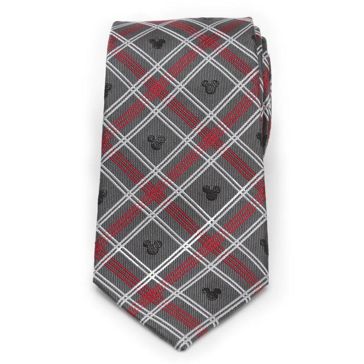 Disney Mickey Mouse Holiday Gray Plaid Silk Men’s Tie featuring a gray, red, and white plaid pattern with repeating Mickey Mouse icons.