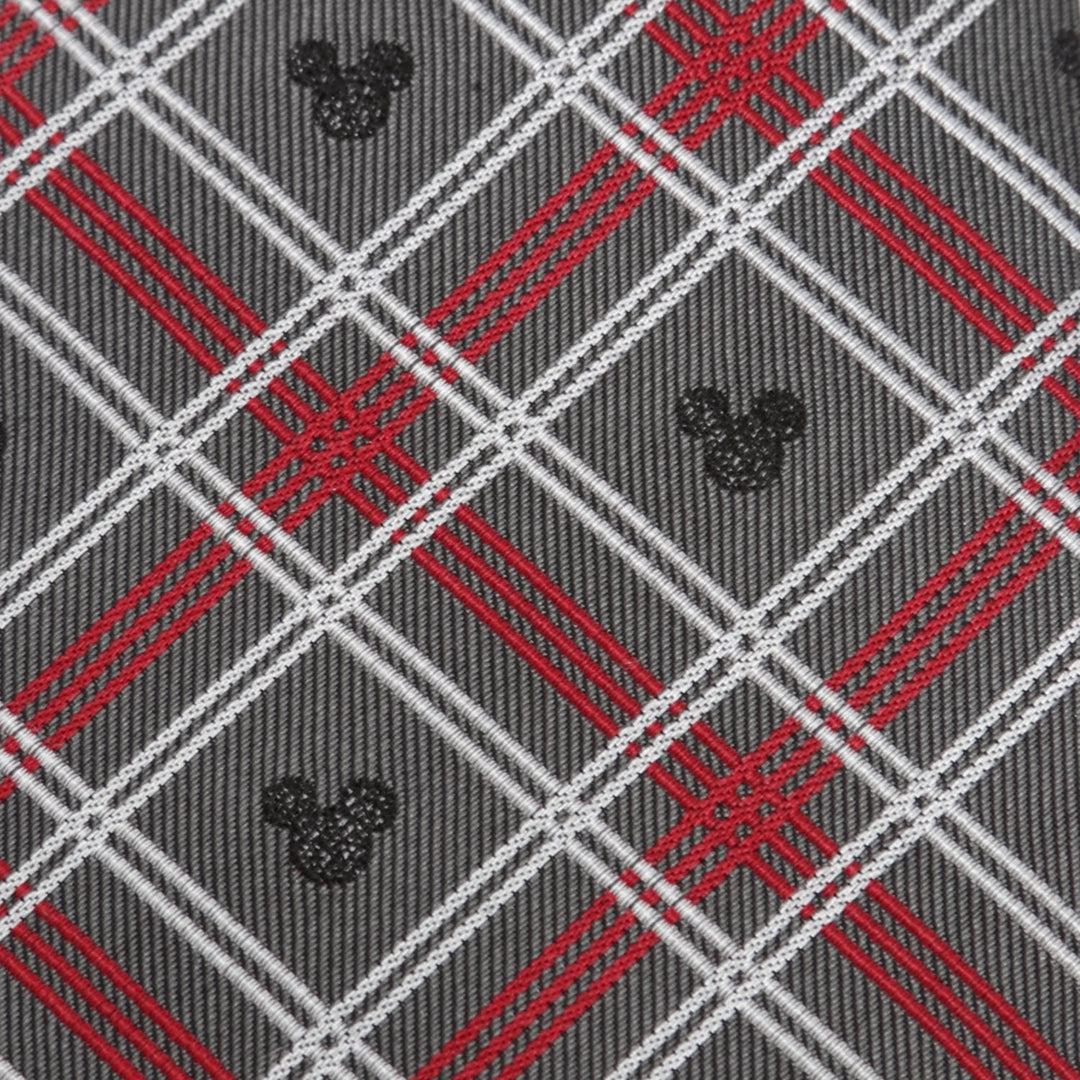 Disney Mickey Mouse Holiday Gray Plaid Silk Men’s Tie in gray with a red and white plaid pattern featuring small black Mickey Mouse head icons.
