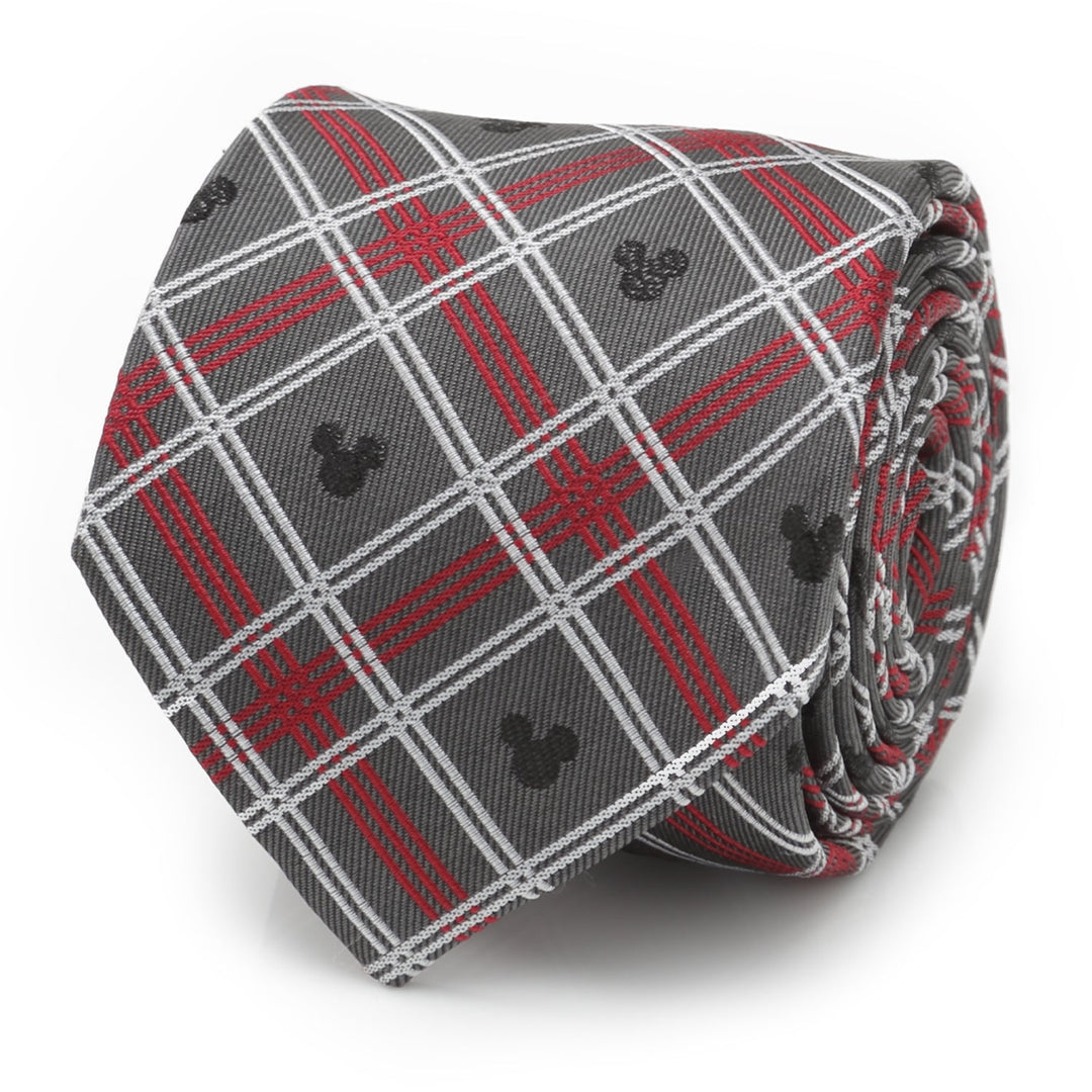 Disney Mickey Mouse Holiday Gray Plaid Silk Men’s Tie, rolled and featuring a red and white plaid pattern with small black Mickey Mouse silhouettes.