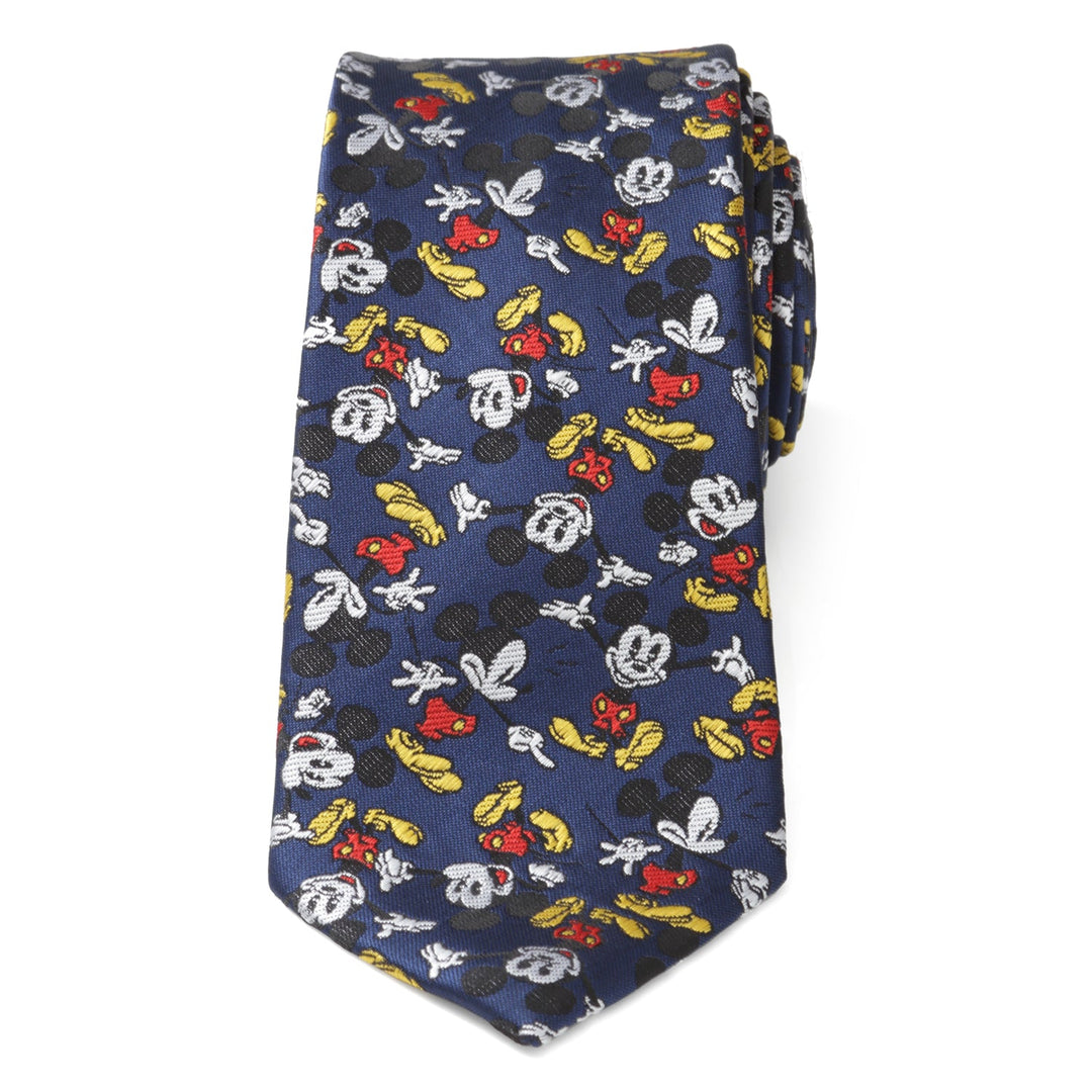 Disney Mickey Mouse Action Navy Men’s Tie in navy blue featuring an all-over repeating pattern of cartoon mouse heads and shoes.