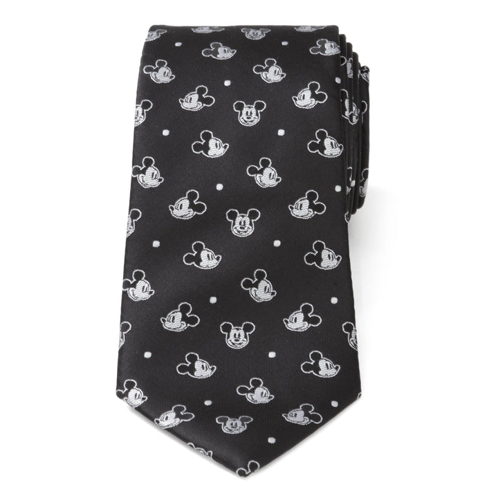 Disney Mickey Mouse Black Dot Men’s Tie in black with a repeating pattern of white Mickey Mouse heads and small white dots.