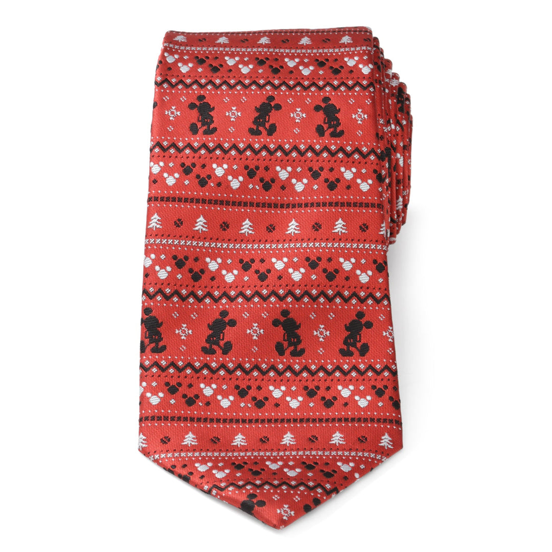 Disney Mickey Mouse Fair Isle Red Men’s Tie in red with a repeating Fair Isle-style pattern of Mickey Mouse silhouettes, trees, and geometric shapes.