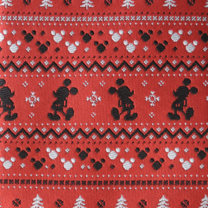 Disney Mickey Mouse Fair Isle Red Men’s Tie featuring a Fair Isle pattern with black Mickey Mouse silhouettes, white mouse heads, and geometric shapes.