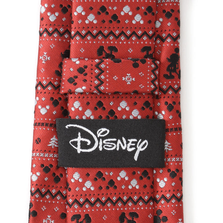Disney Mickey Mouse Fair Isle Red Men’s Tie with a repeating pattern of black Mickey silhouettes and silver snowflakes, featuring a brand tag on the back.