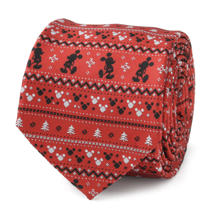 Disney Mickey Mouse Fair Isle Red Men’s Tie featuring a repeating pattern of Mickey Mouse silhouettes, snowflakes, and small pine trees.