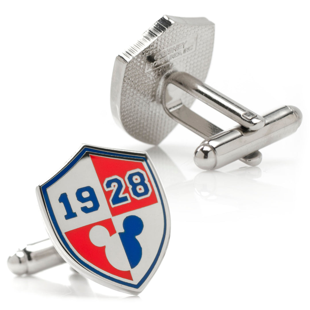 Disney Mickey Mouse 1928 Cufflinks featuring two shield-shaped icons with red, white, and blue enamel.