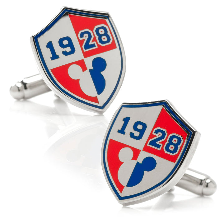 Disney Mickey Mouse 1928 Cufflinks featuring a shield-shaped mouse-ear silhouette on a red and white checkered background.