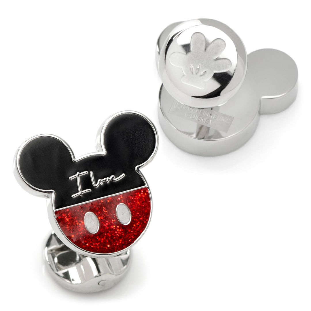 Disney Mickey and Minnie Mouse “I Love Us” Cufflinks, featuring one silver-toned Mickey head with red and black glitter enamel text “I love,” and one embossed Mickey glove design.